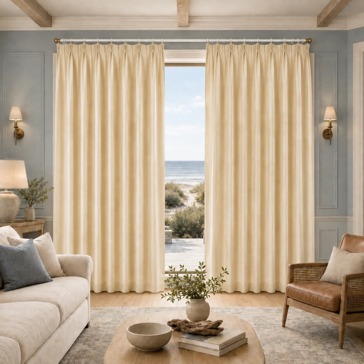 Custom Wool Blend Pinch Pleat Curtains - Made to Measure Warm Ivory Textured Drapes - 25% Wool, 15% Acrylic, 60% Polyester