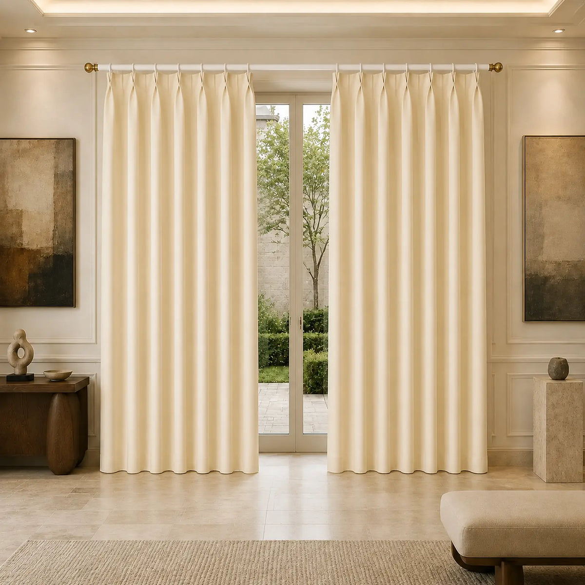 Custom Wool Blend Pinch Pleat Curtains - Made to Measure Warm Ivory Textured Drapes - 25% Wool, 15% Acrylic, 60% Polyester