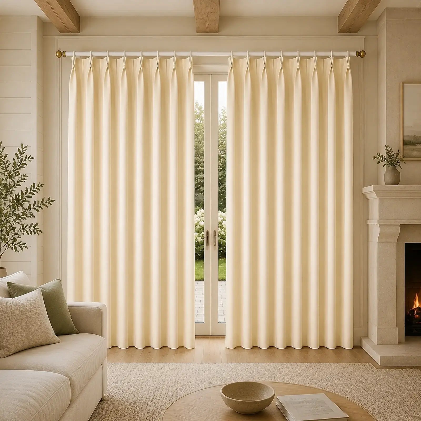 Custom Wool Blend Pinch Pleat Curtains - Made to Measure Warm Ivory Textured Drapes - 25% Wool, 15% Acrylic, 60% Polyester