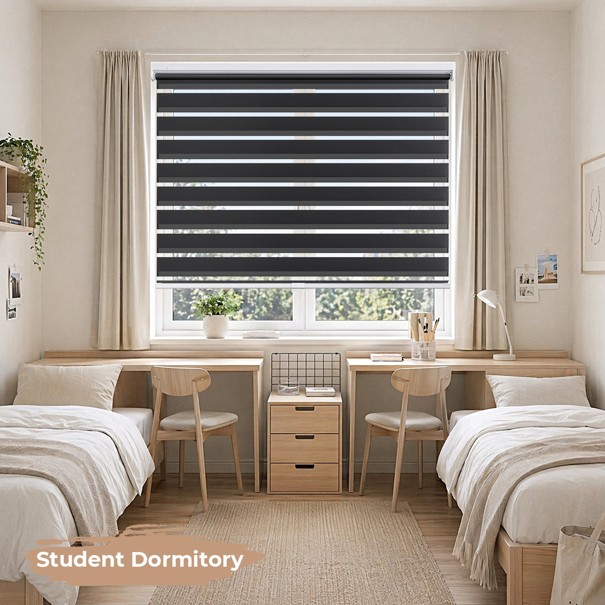 Modern bedroom with cordless zebra shades providing adjustable natural light and a cozy atmosphere
