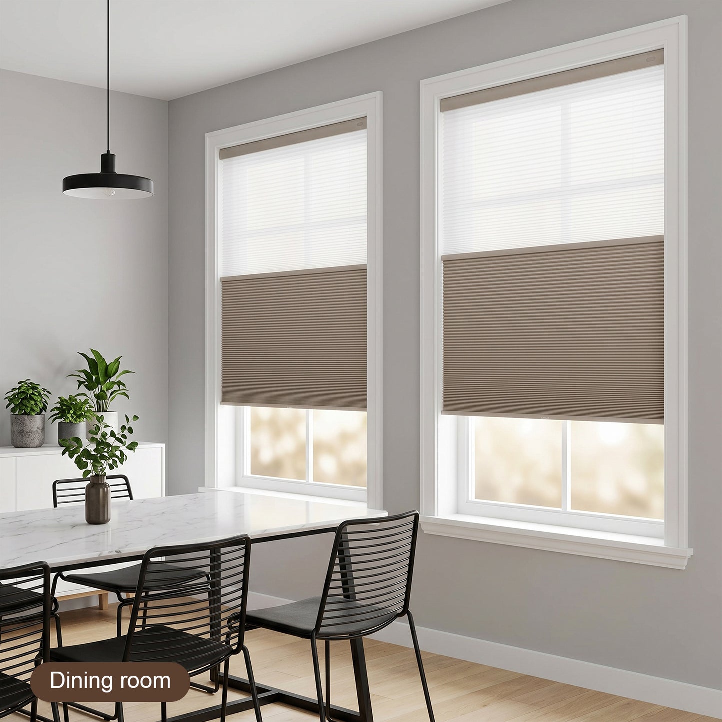 Motorized Day and Night Cellular Shades in Dining Room – Smart Honeycomb Blinds with Adjustable Light Filtering