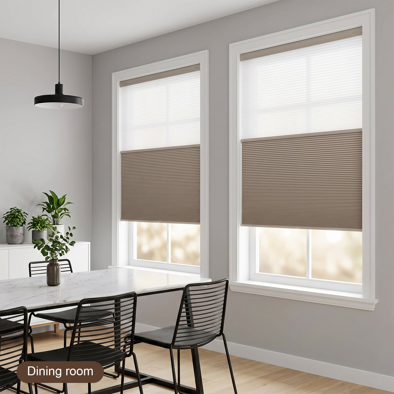 Motorized Day and Night Cellular Shades in Dining Room – Smart Honeycomb Blinds with Adjustable Light Filtering