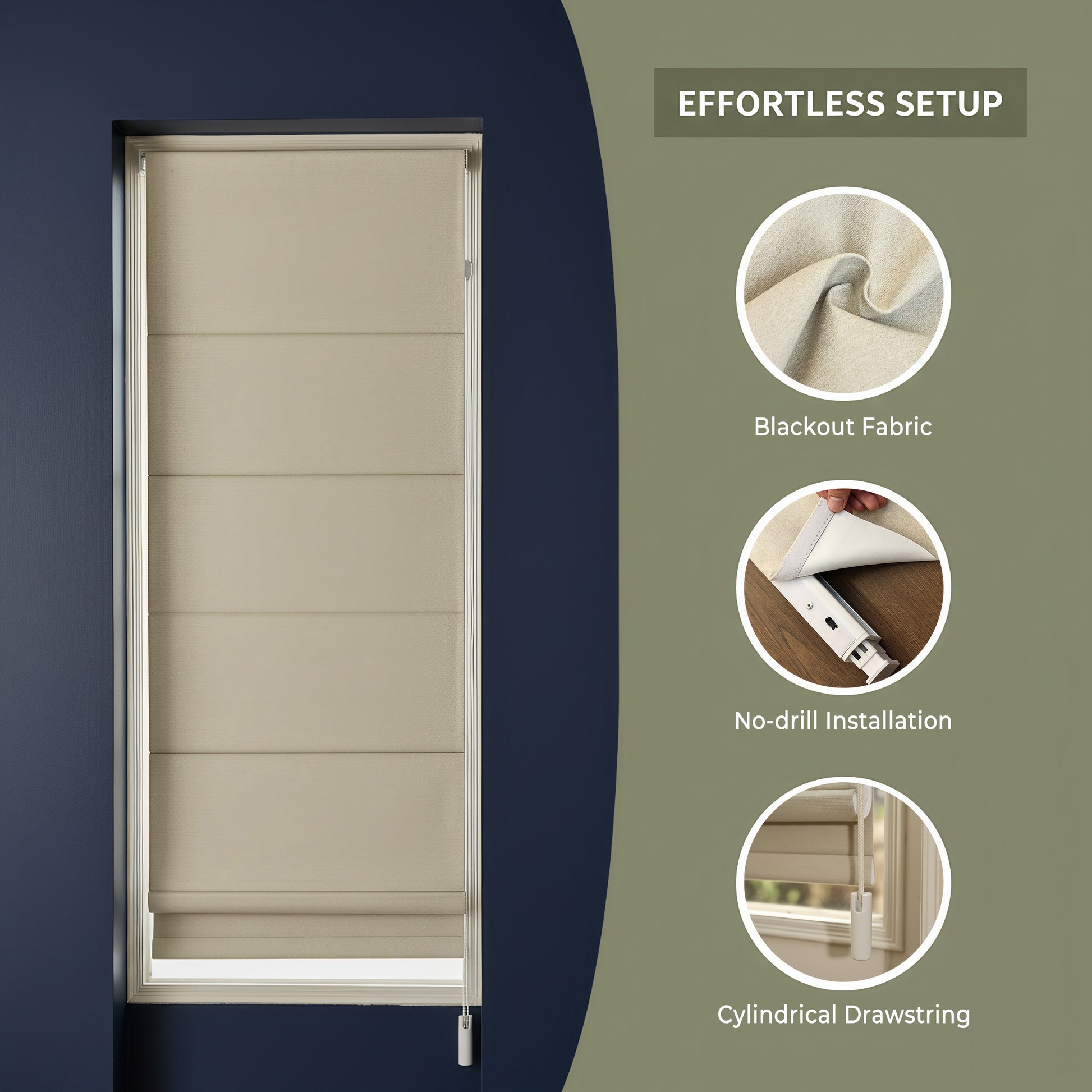 No Drill Blackout Roman Shades Key Features – Blackout Fabric, No-Drill Installation, Cylindrical Drawstring System