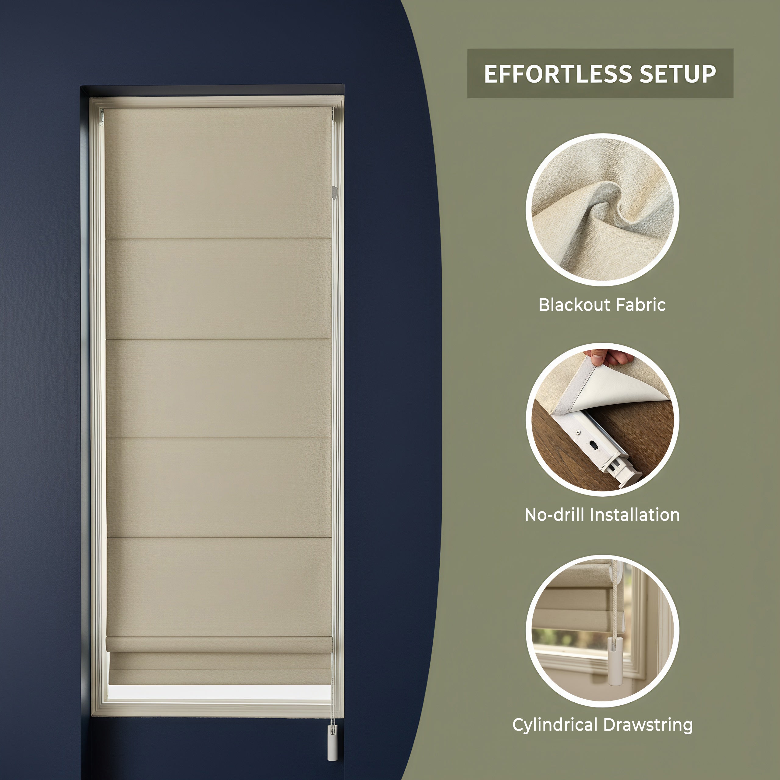 No Drill Blackout Roman Shades Key Features – Blackout Fabric, No-Drill Installation, Cylindrical Drawstring System