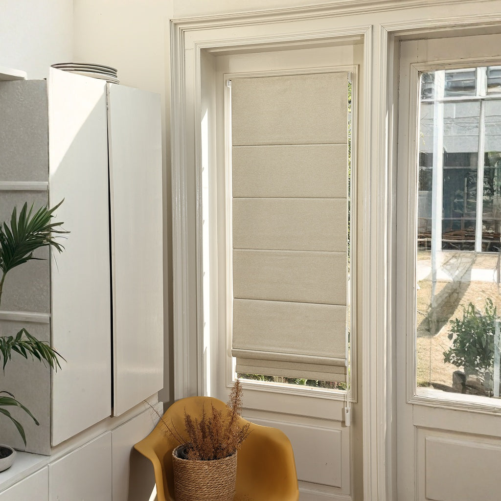 No Drill Blackout Roman Shades in Living Room – Custom Window Shades for Privacy and Light Control