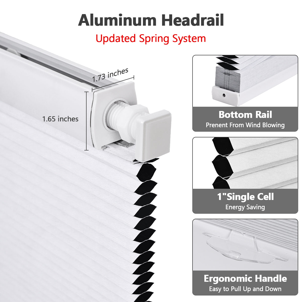 Updated spring system aluminum headrail details for no drill cordless blackout cellular honeycomb shades