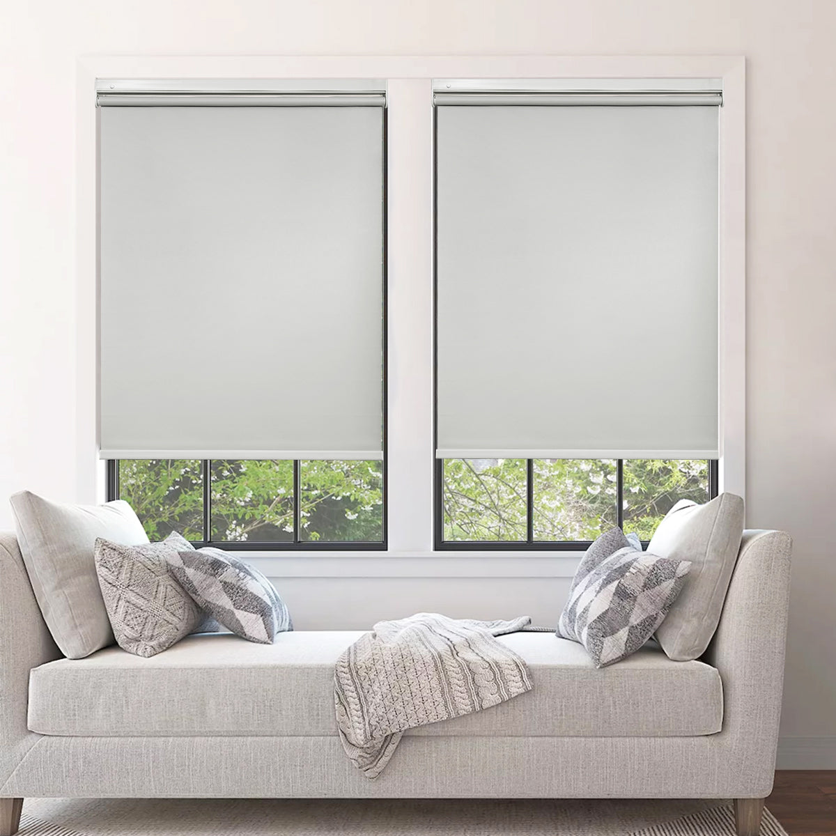 Hall before and after installing no drill cordless blackout roller shades