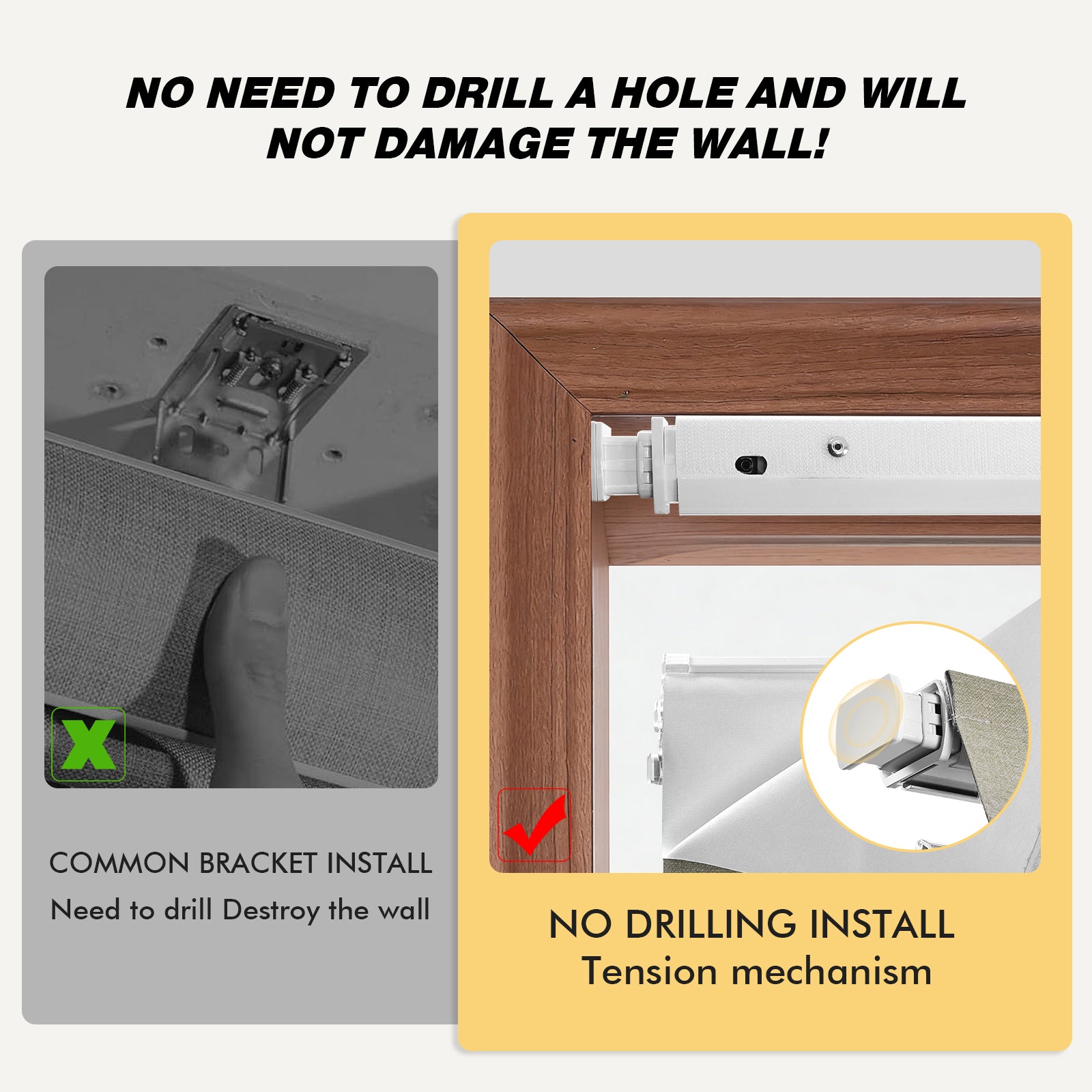 Comparison of no drill cordless blackout Roman shades installation without screws or window damage