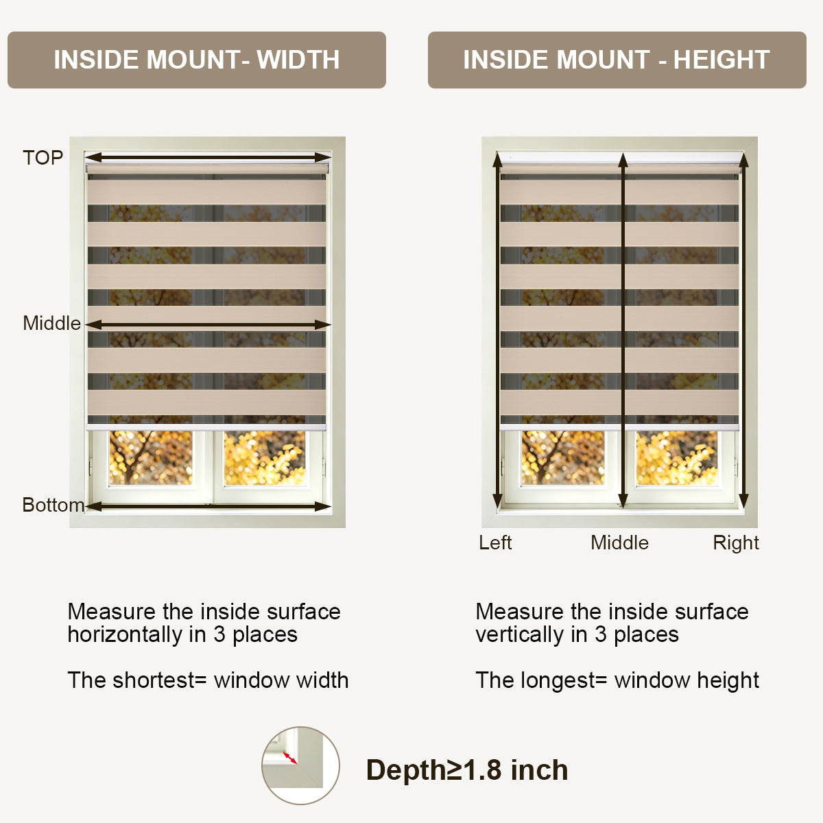 No Drill Cordless Blackout Zebra Shades – 98–100% Light Blocking, inside mount measuring instruction, measure width and height at 3 points, minimum depth ≥1.8 inch