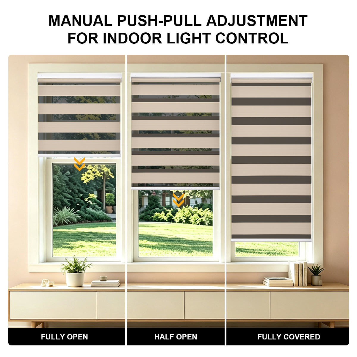 No Drill Cordless Blackout Zebra Shades – 98–100% Light Blocking, manual push-pull adjustment, fully open, half open and fully covered light control demo