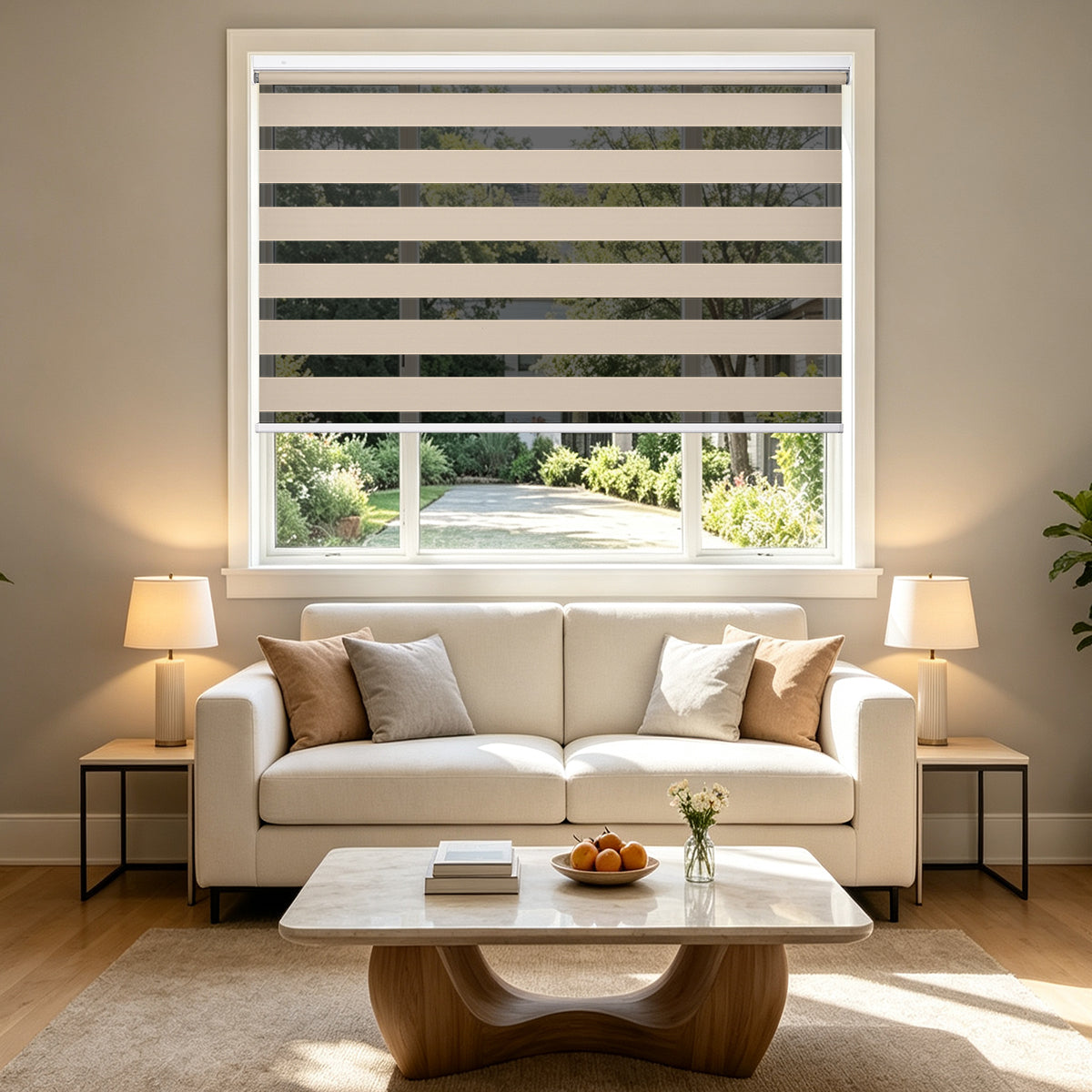 No Drill Cordless Blackout Zebra Shades – 98–100% Light Blocking, beige zebra blinds installed inside window in bright modern living room