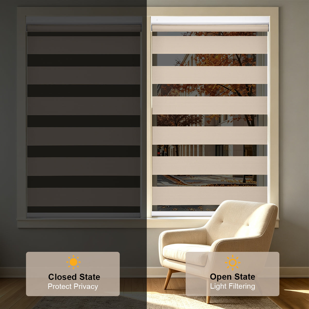 No Drill Cordless Blackout Zebra Shades – 98–100% Light Blocking, side-by-side comparison of closed privacy blackout state and open light filtering state