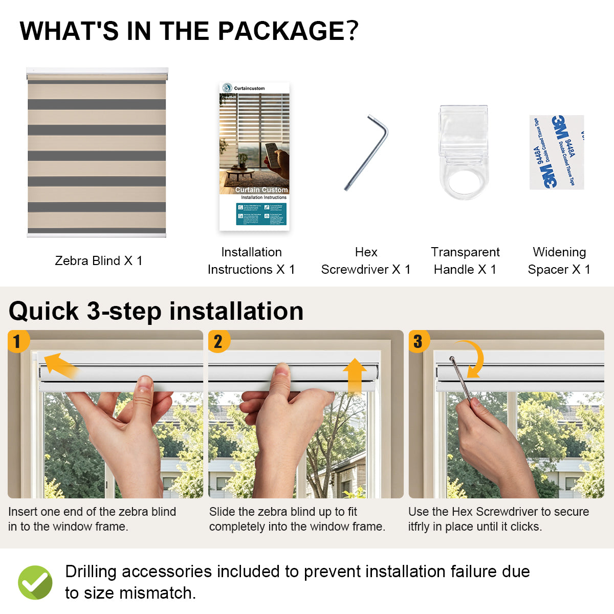 No Drill Cordless Blackout Zebra Shades – 98–100% Light Blocking, package accessories list and quick 3-step no-drill installation tutorial