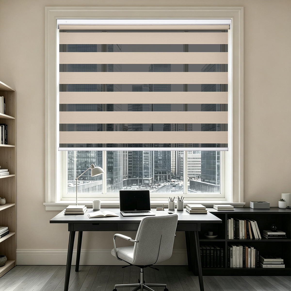 No Drill Cordless Blackout Zebra Shades – 98–100% Light Blocking, no drill zebra shades in city view home office
