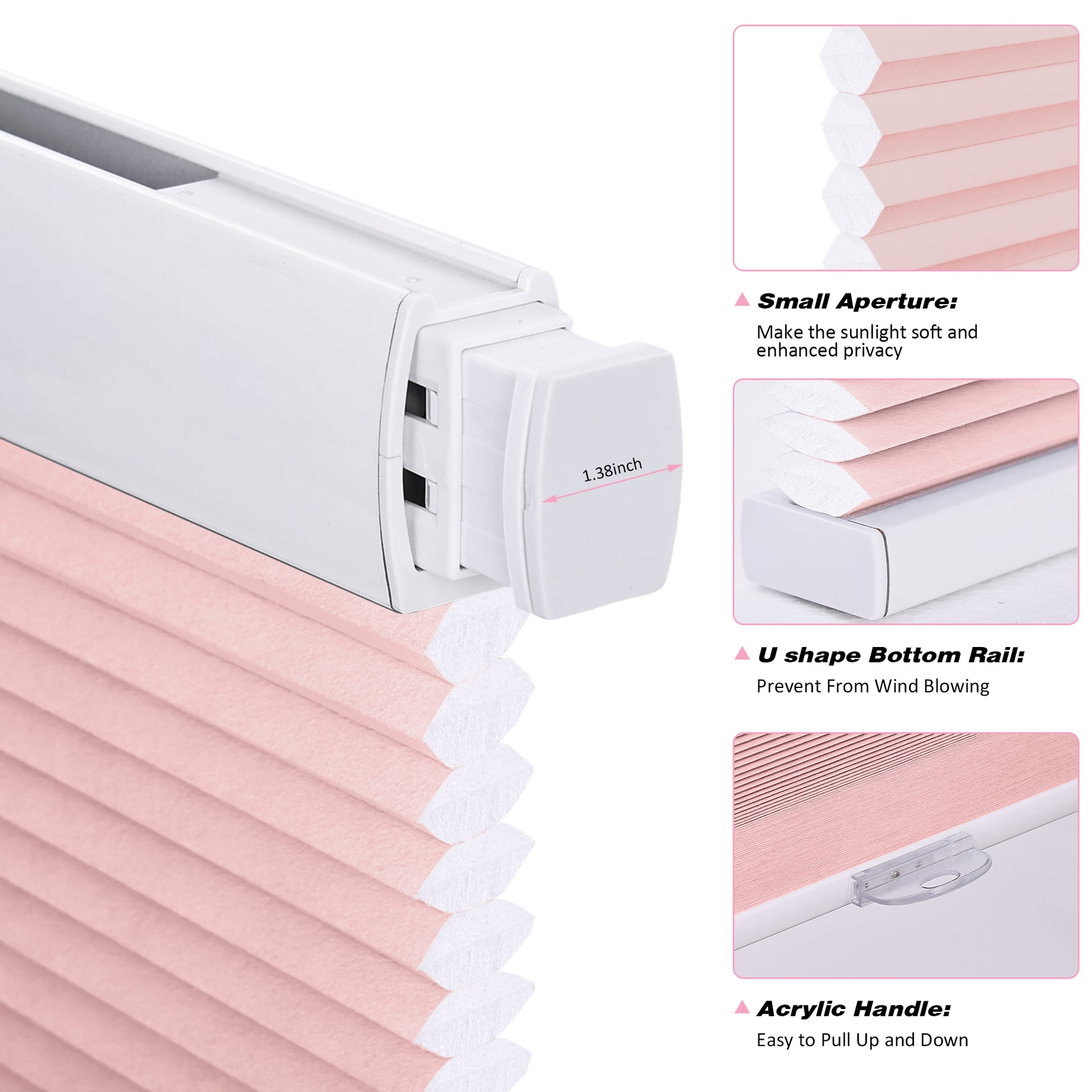 No drill cordless light filtering honeycomb shade detail showing fabric texture, U-shaped bottom rail, and cordless lift system