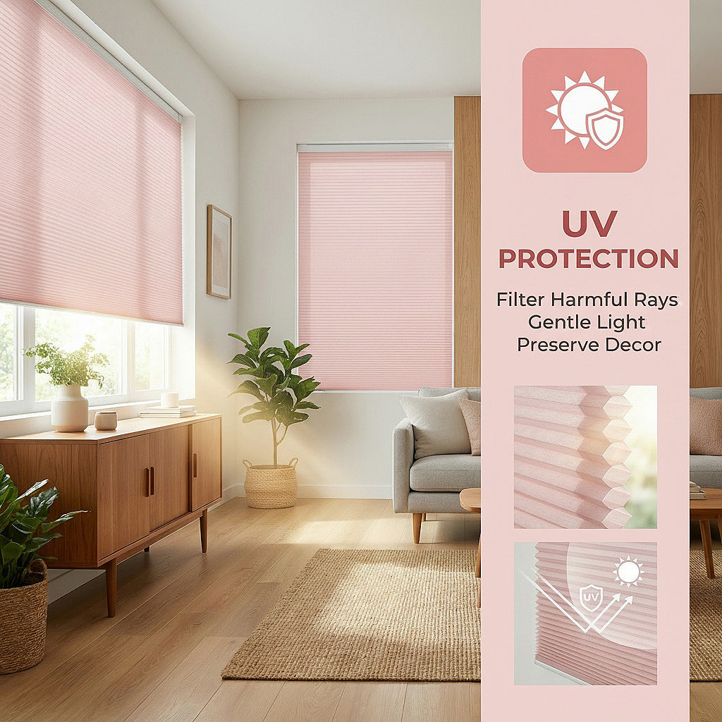 No drill cordless light filtering honeycomb shades in a living room providing UV protection and soft natural daylight control