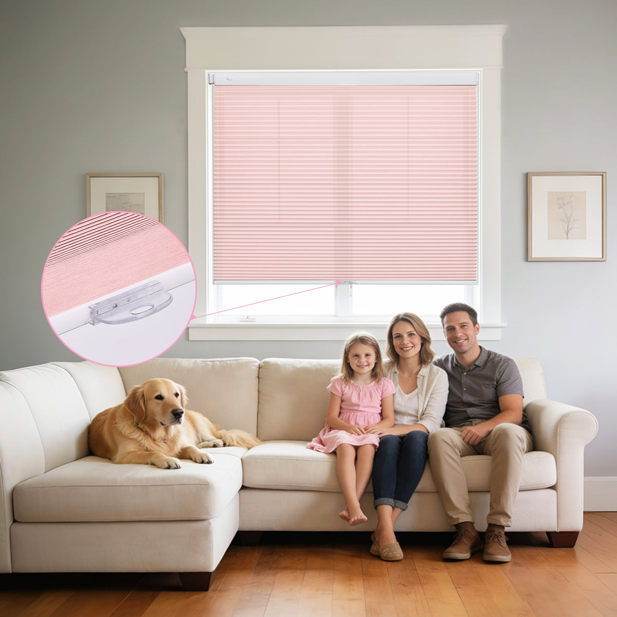 No drill cordless light filtering honeycomb shades installed in a modern living room with soft natural daylight
