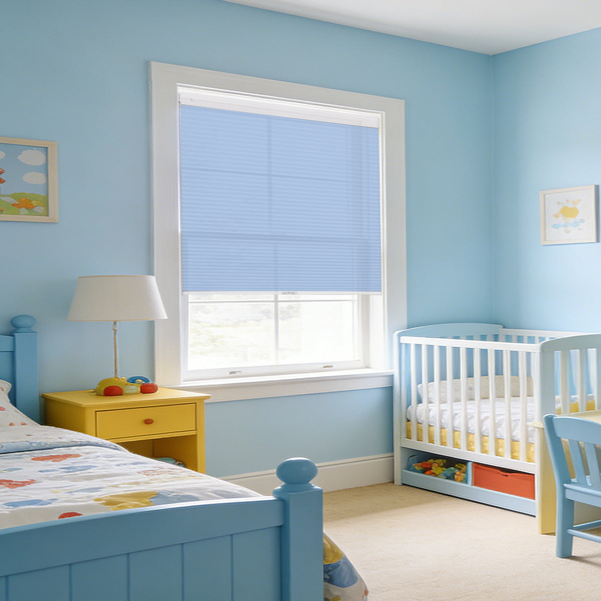 No drill cordless light filtering honeycomb shades installed in a nursery providing soft natural daylight and child safe window coverage