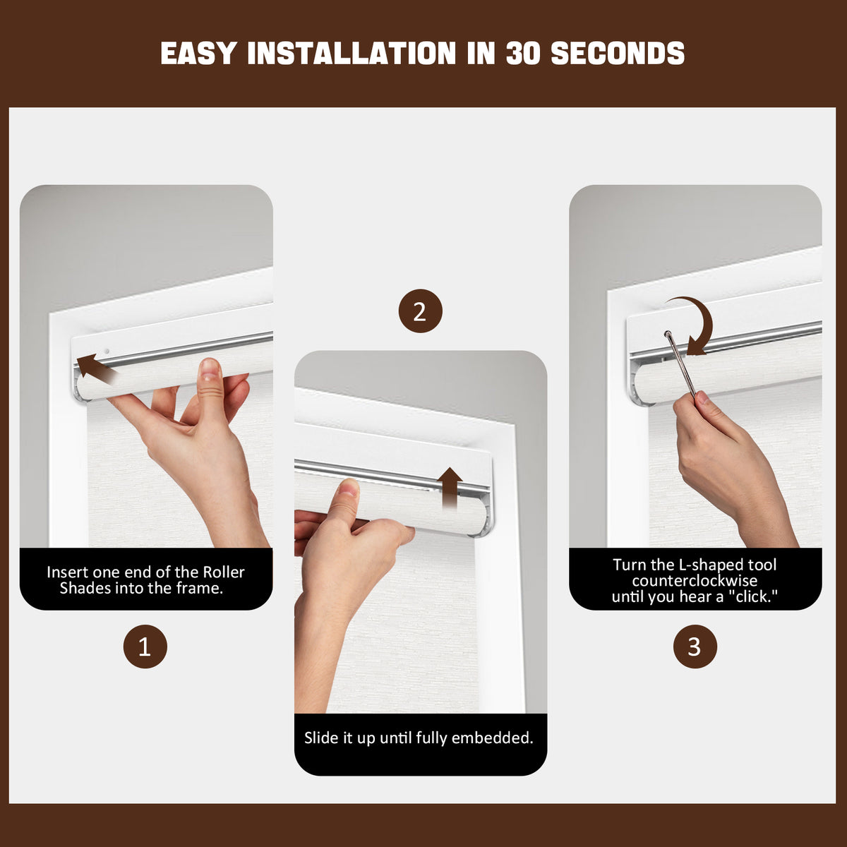 Step by step installation of no drill cordless light filtering roller shade with clamp mounting system, no drilling required