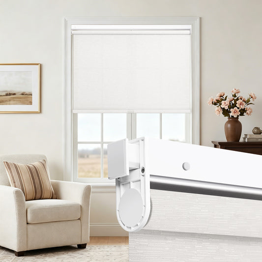Custom no drill cordless light filtering roller shade installed in modern living room window