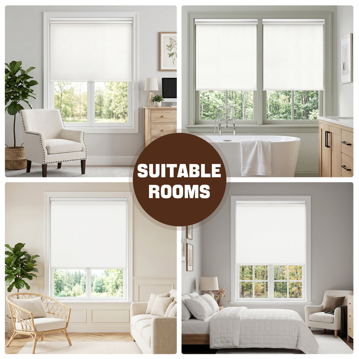 Multi scene showcase of no drill cordless light filtering roller shades installed in living room, bedroom, kitchen, and office interiors