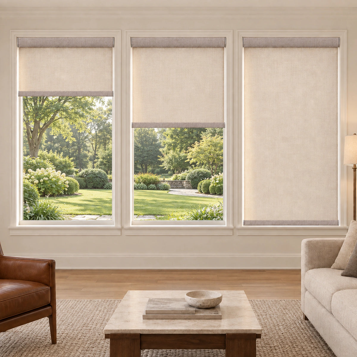 No drill cordless light filtering roller blinds on three living room windows, beige textured fabric roller shades for full privacy