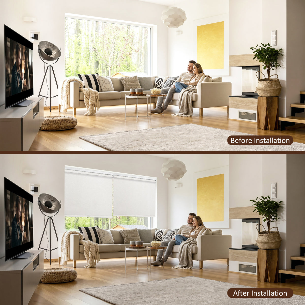 Before and after installation comparison of no drill cordless light filtering roller shade showing window transformation without drilling