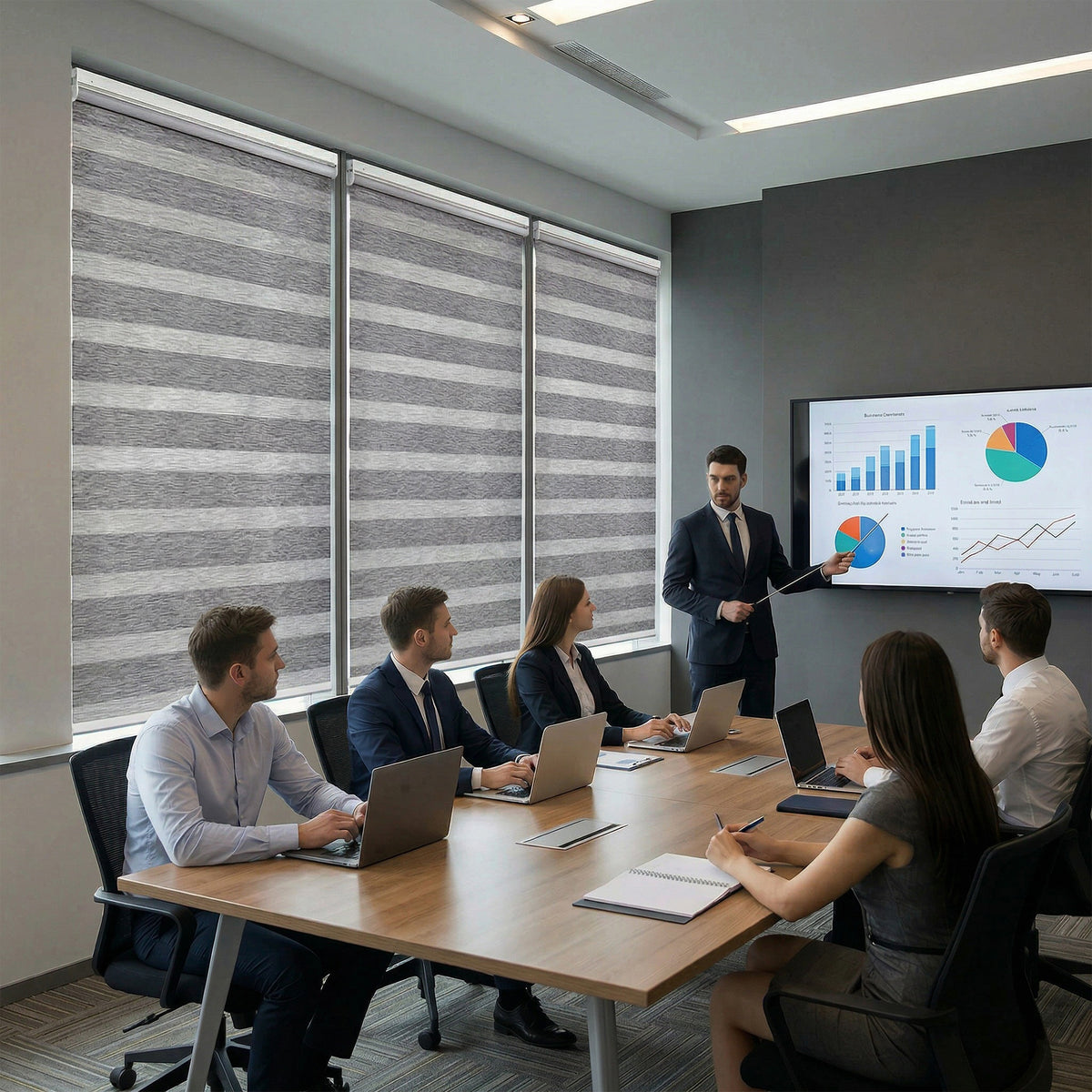 No-Drill Cordless Zebra Blinds in Office Meeting Room – Light Filtering Window Shades for Modern Workspace