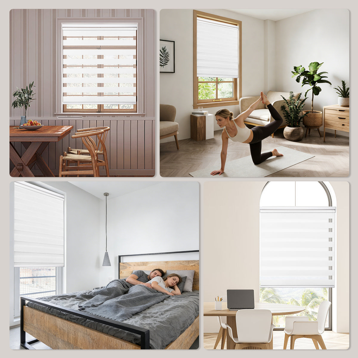 Custom cordless no drill zebra blinds installed in various rooms, demonstrating adjustable light filtering, child-safe cordless design, and modern window treatments