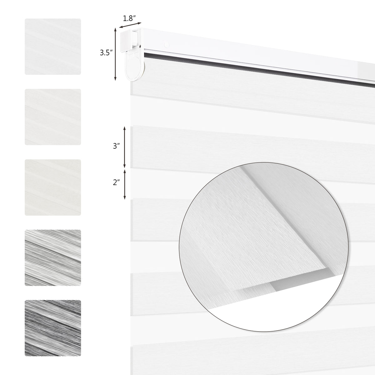 Product size chart for custom no drill cordless zebra blinds showing shade dimensions, headrail details, and installation specifications