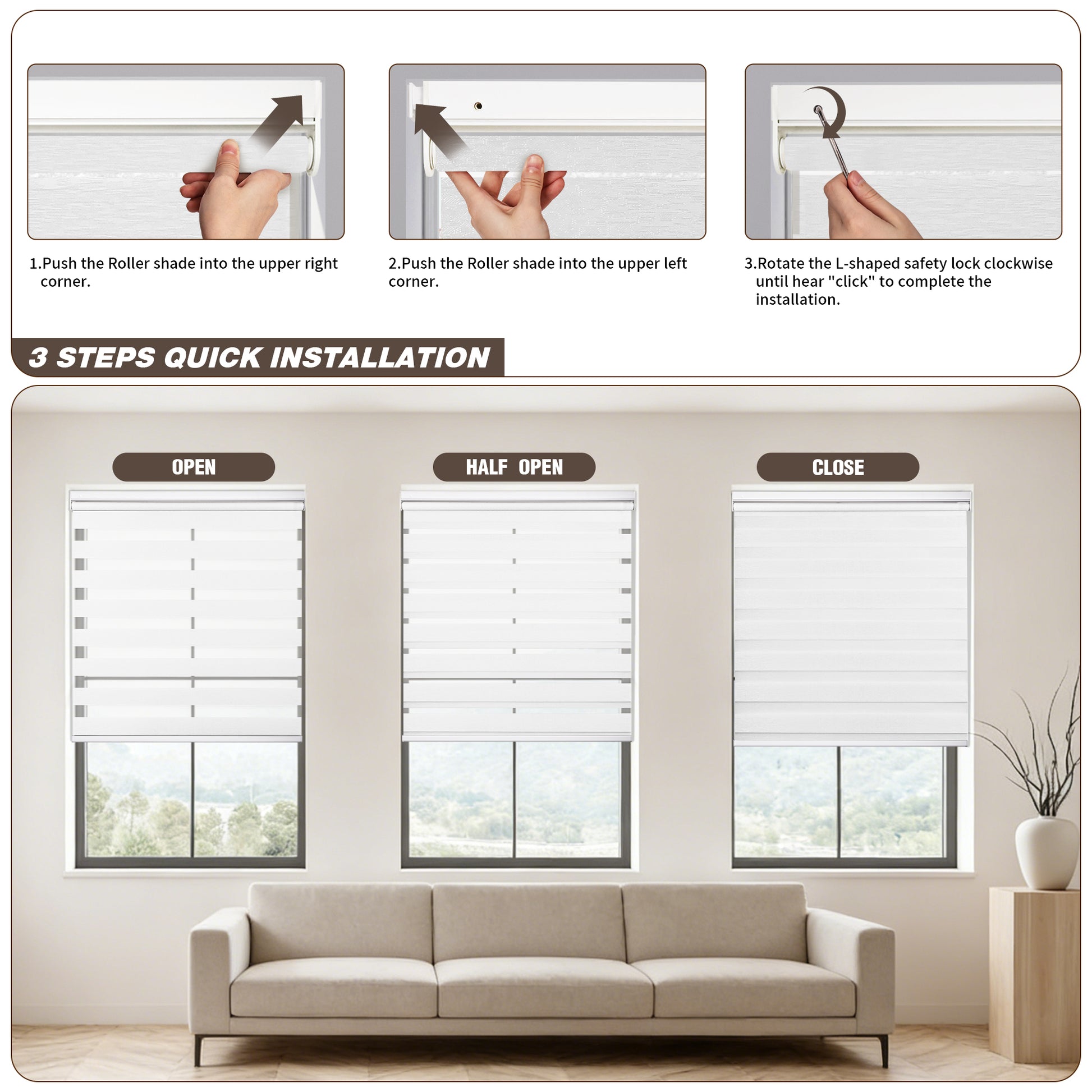 Window installation of custom no drill cordless zebra blinds showing how the spring tension system secures the shade in the frame