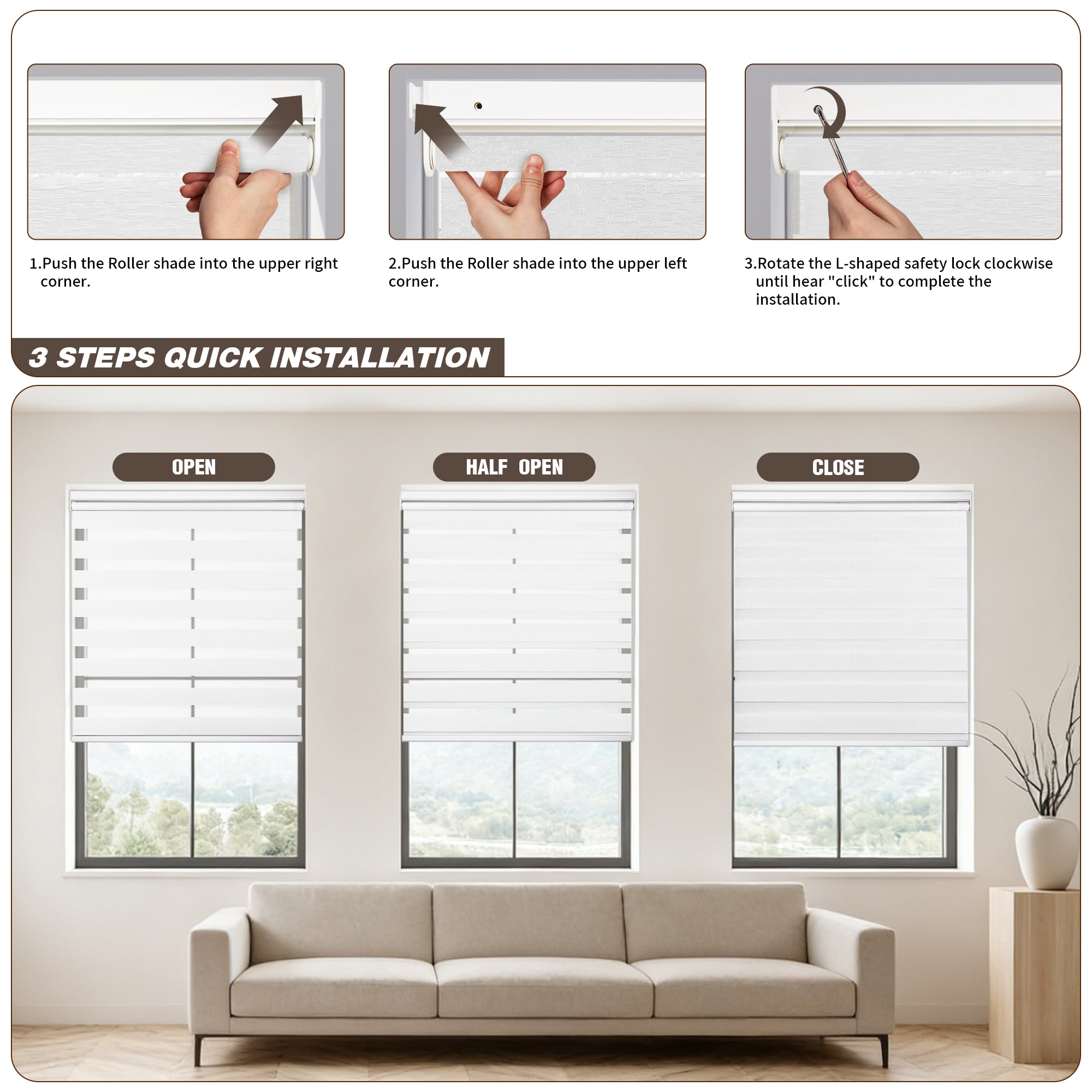 Window installation of custom no drill cordless zebra blinds showing how the spring tension system secures the shade in the frame