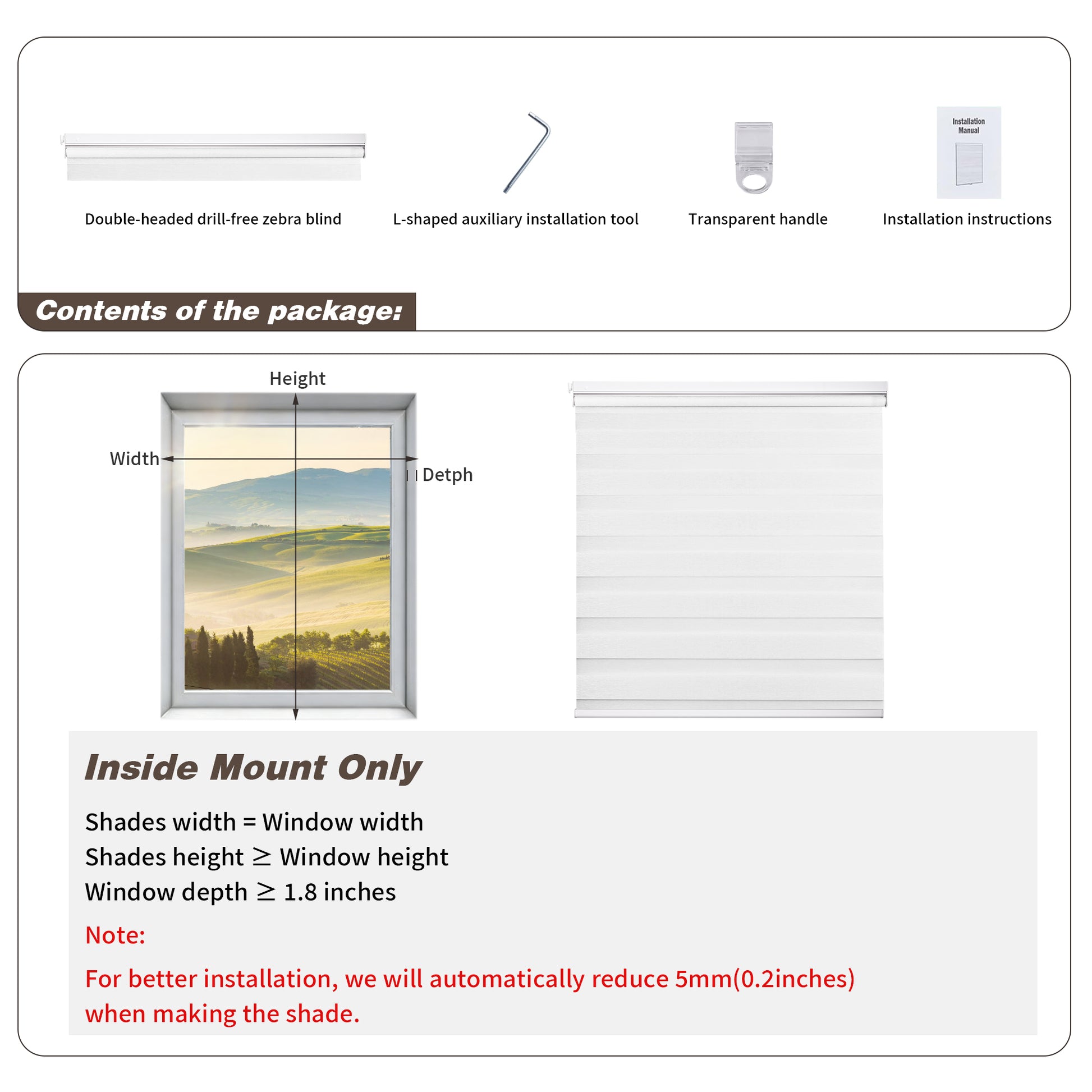 How to measure window for custom cordless no drill zebra blinds, showing inside mount width and height measurement guide for perfect fit