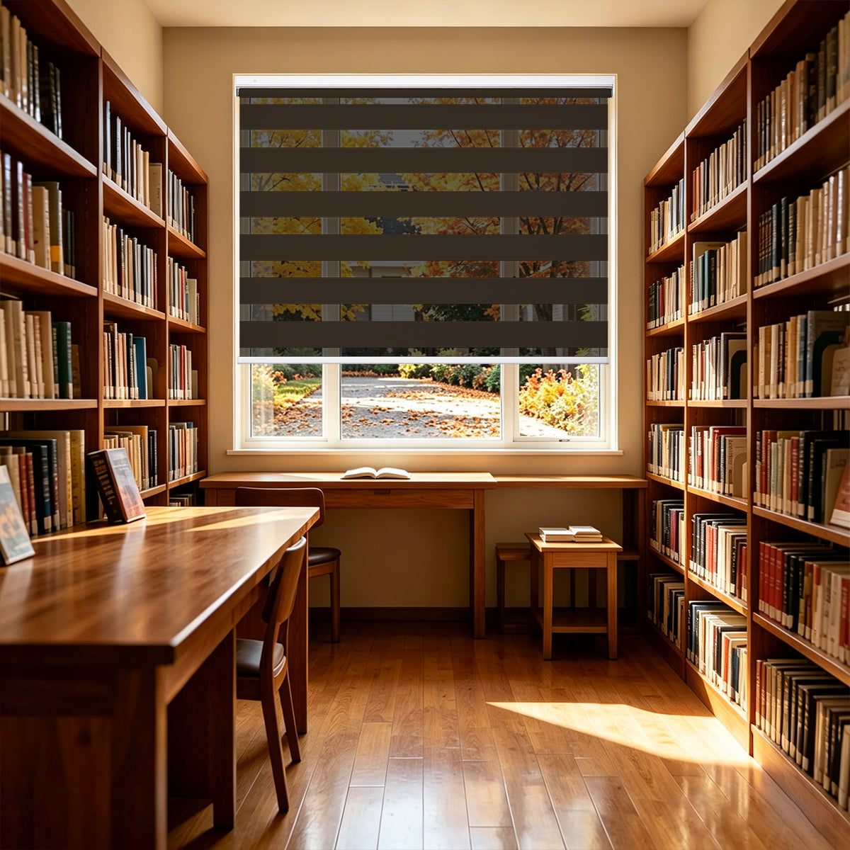 No Drill Cordless Blackout Zebra Shades – Dark Brown dual zebra blinds, inside mount in classic wood bookshelf library room