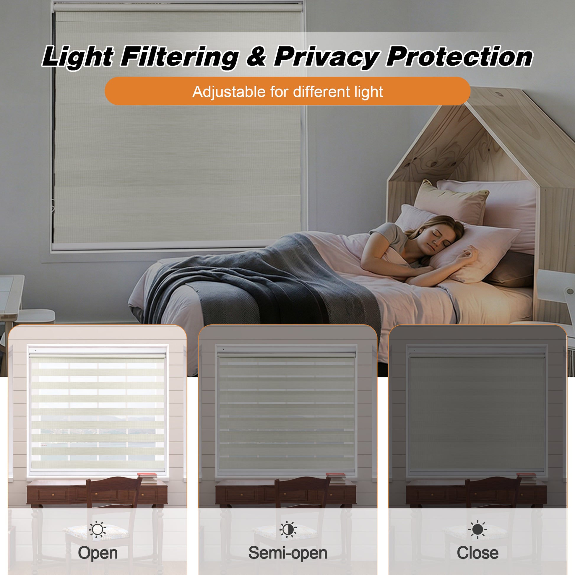 Light Control Comparison of Custom No Drill Cordless Zebra Shades at Different Positions