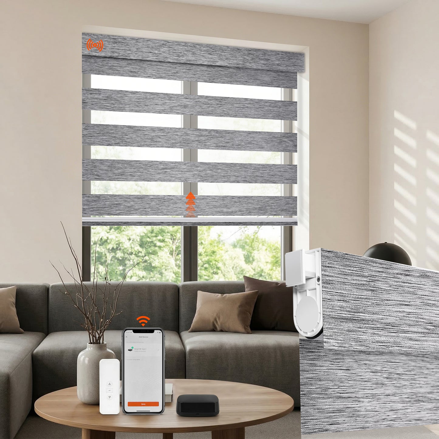 Custom No Drill Motorized Zebra Blinds installed in a modern living room, featuring cordless smart control, adjustable light filtering, and made-to-measure window shades.