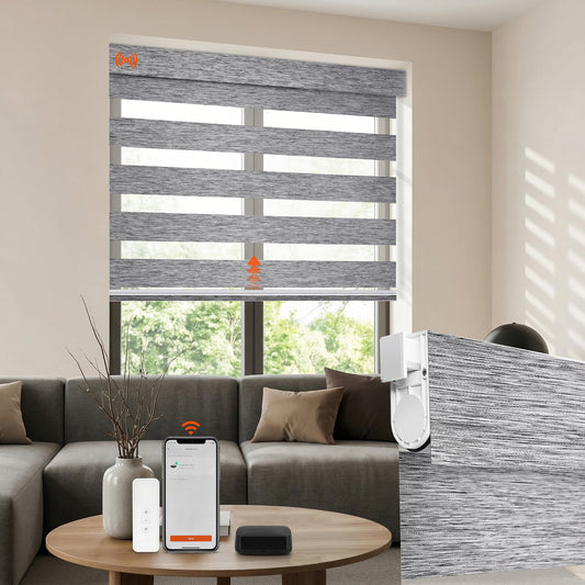 Custom No Drill Motorized Zebra Blinds installed in a modern living room, featuring cordless smart control, adjustable light filtering, and made-to-measure window shades.
