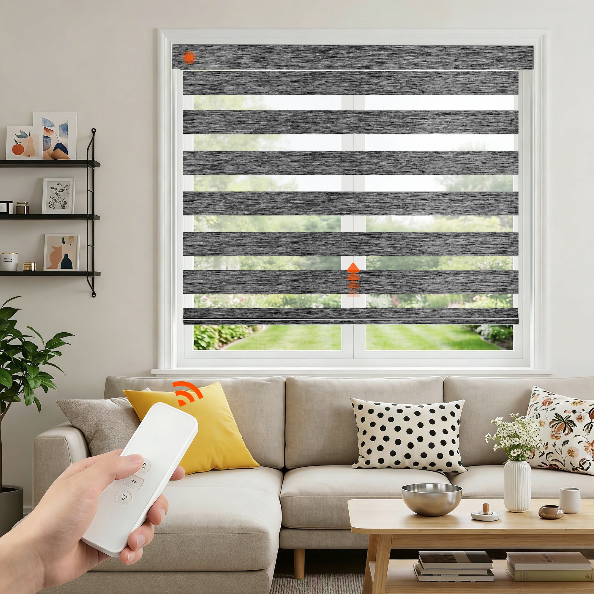 Custom No Drill Motorized Zebra Blinds in a modern living room with remote control operation, featuring cordless smart light filtering, adjustable privacy, and made-to-measure window shades.