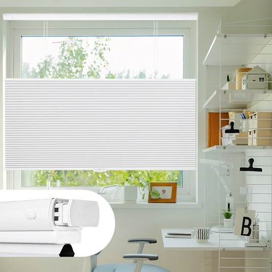 No drill mounting detail of blackout top down bottom up honeycomb shades in home office