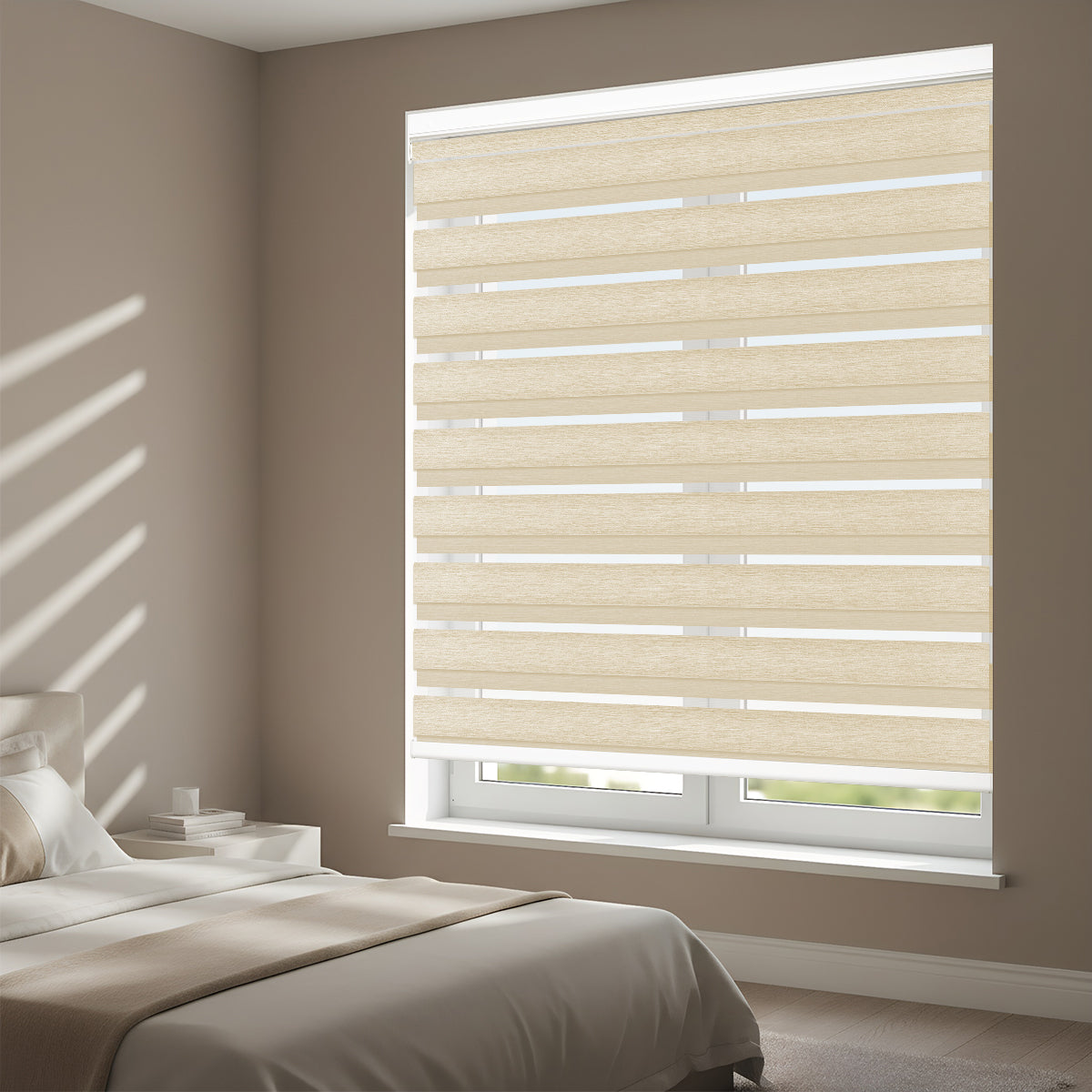 No-drill cordless light filtering zebra blind installed in bedroom with soft natural light effect