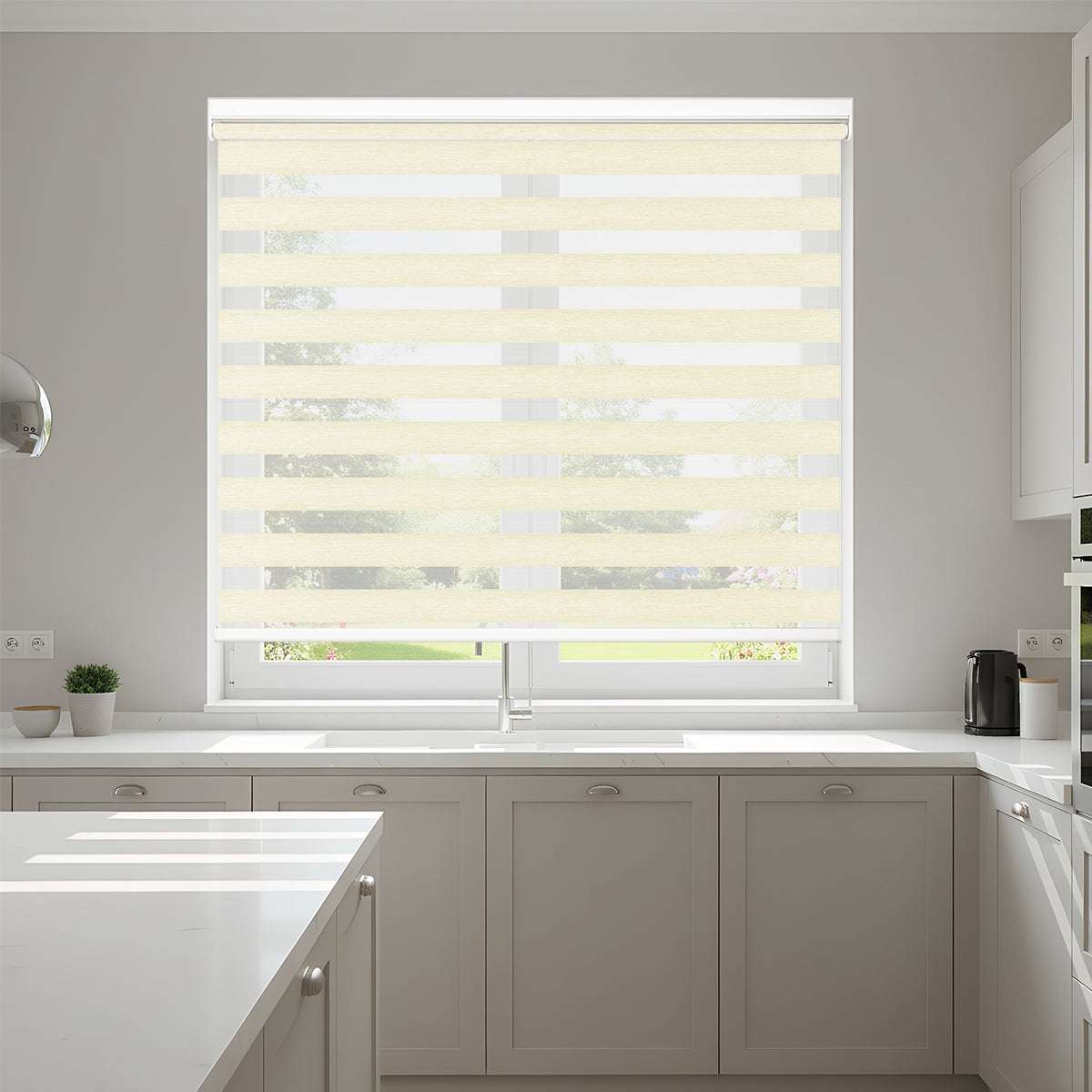 No-drill cordless zebra blind installed in kitchen with soft light filtering effect
