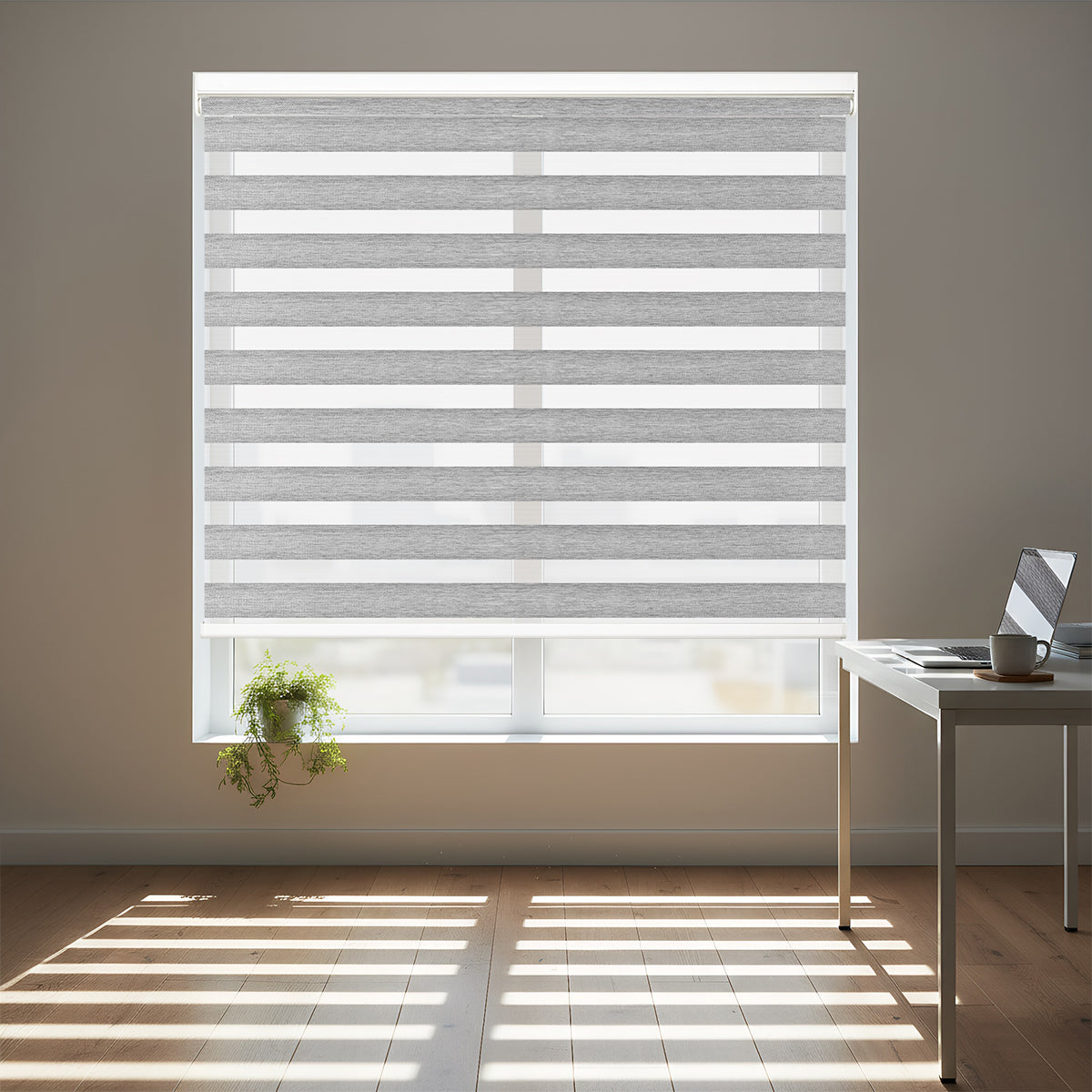 No-drill cordless zebra blind installed in study room with soft natural light filtering effect