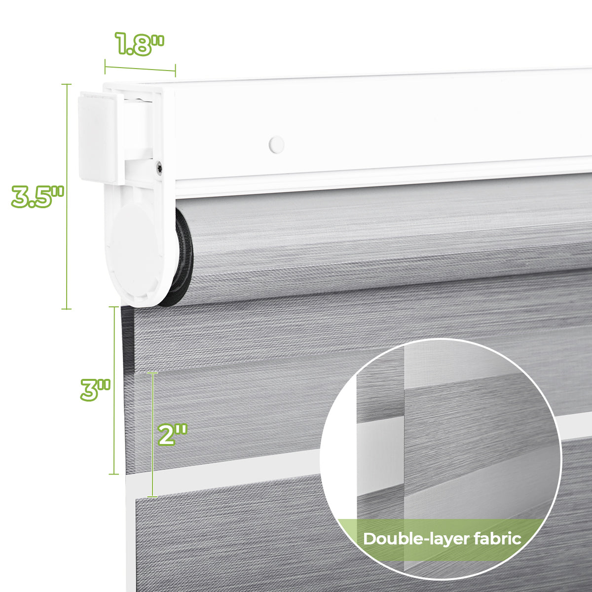 No Drill Zebra Shades hardware dimension close‑up, double‑layer fabric and aluminum top rail detail