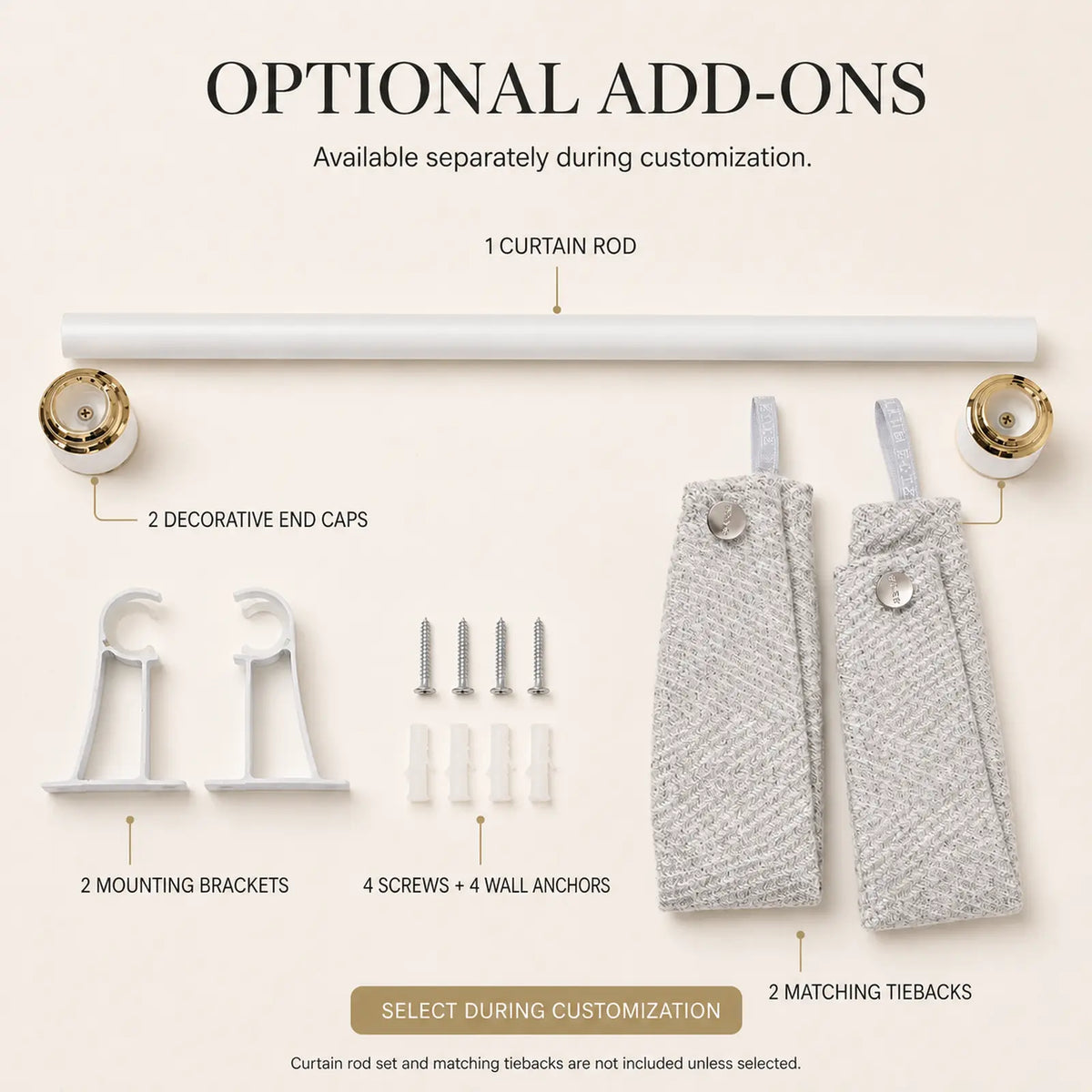 Optional curtain rod and tiebacks add-ons, matching accessories for custom home window curtains