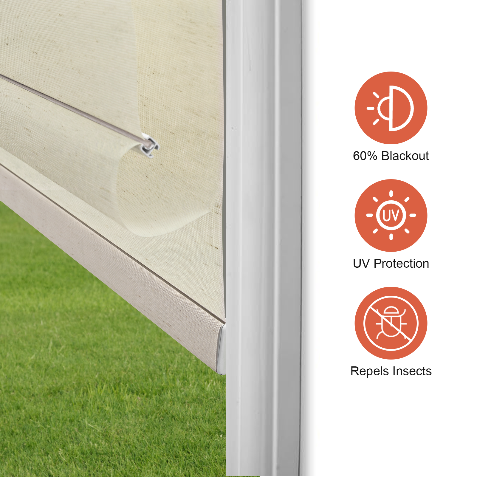 Cordless no-drill Roman shades with 60 percent light filtering, UV protection, and insect repellent fabric for indoor window use