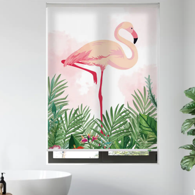 Personalized Roller Shades in Bathroom with Custom Printed Design for Privacy and Modern Window Decoration