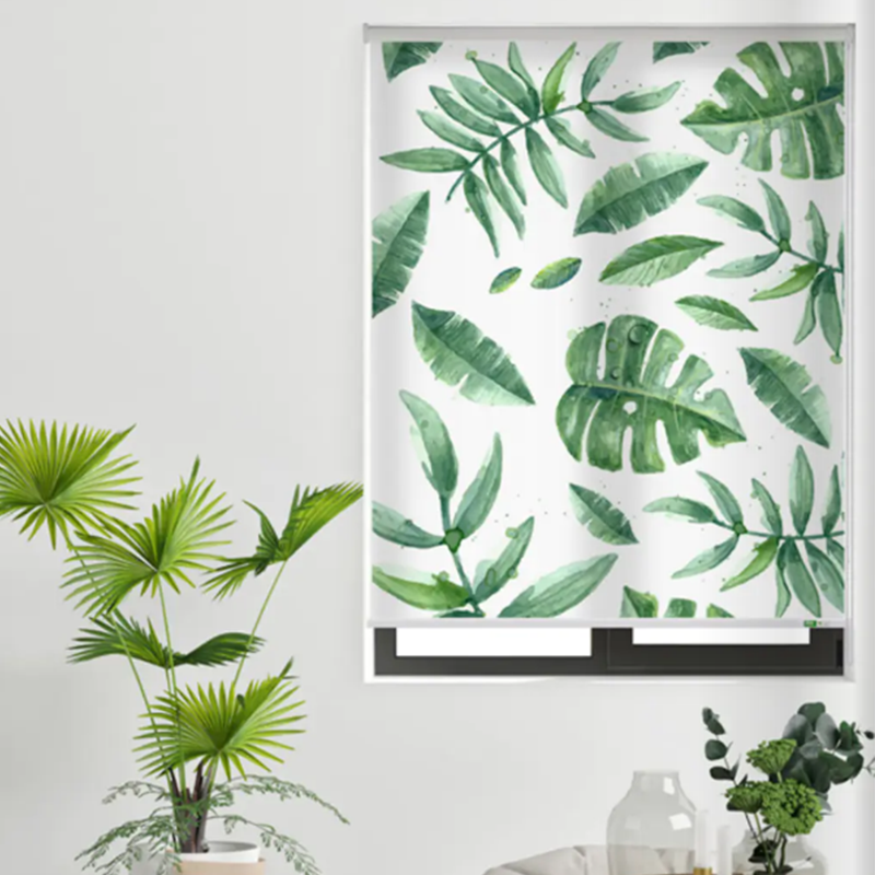 Personalized Roller Shades in Modern Living Space with Custom Printed Window Design and Cordless Operation