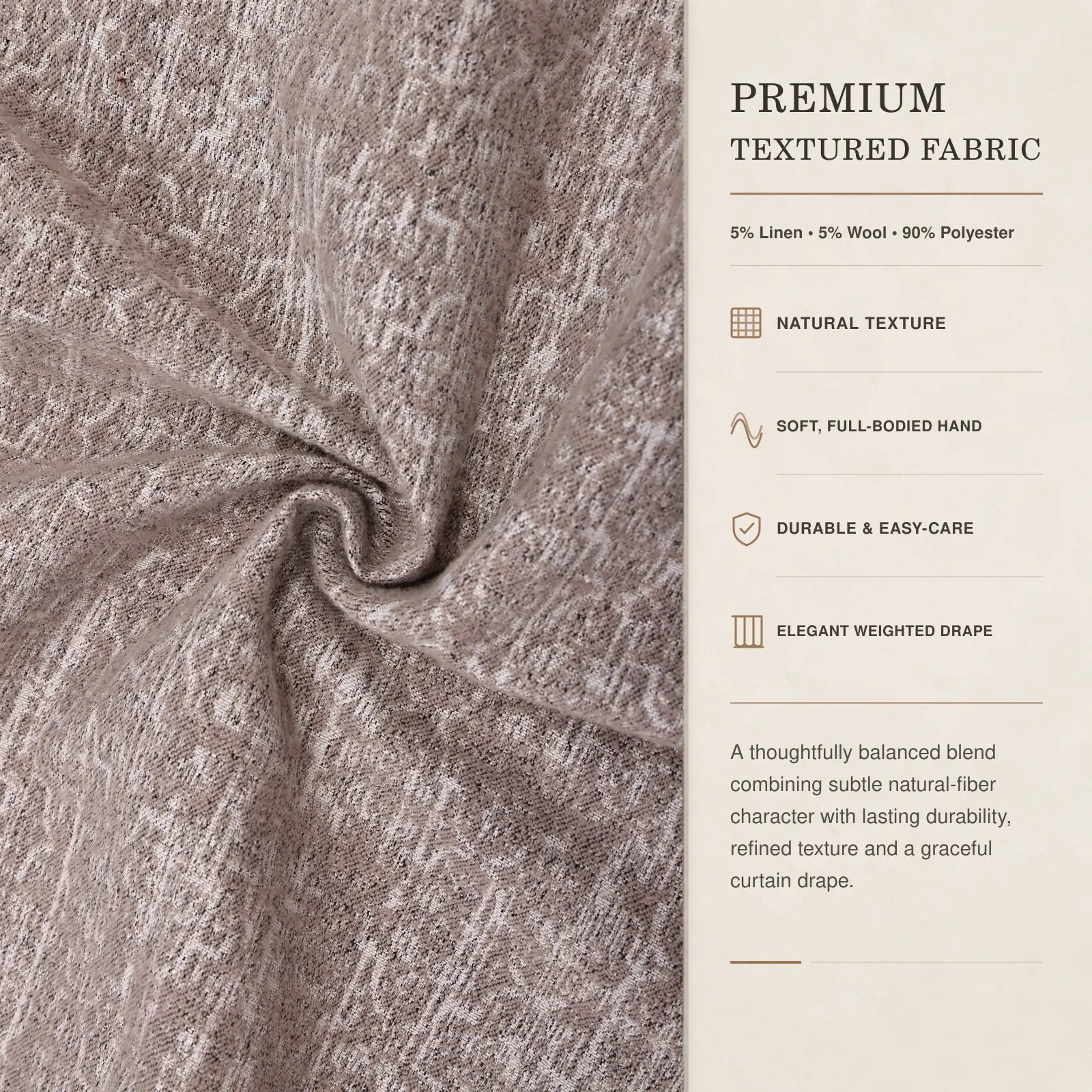 Custom Made-to-Measure Grommet Curtains – Textured Mocha Taupe Window Drapes, 5% Linen, 5% Wool & 90% Polyester
