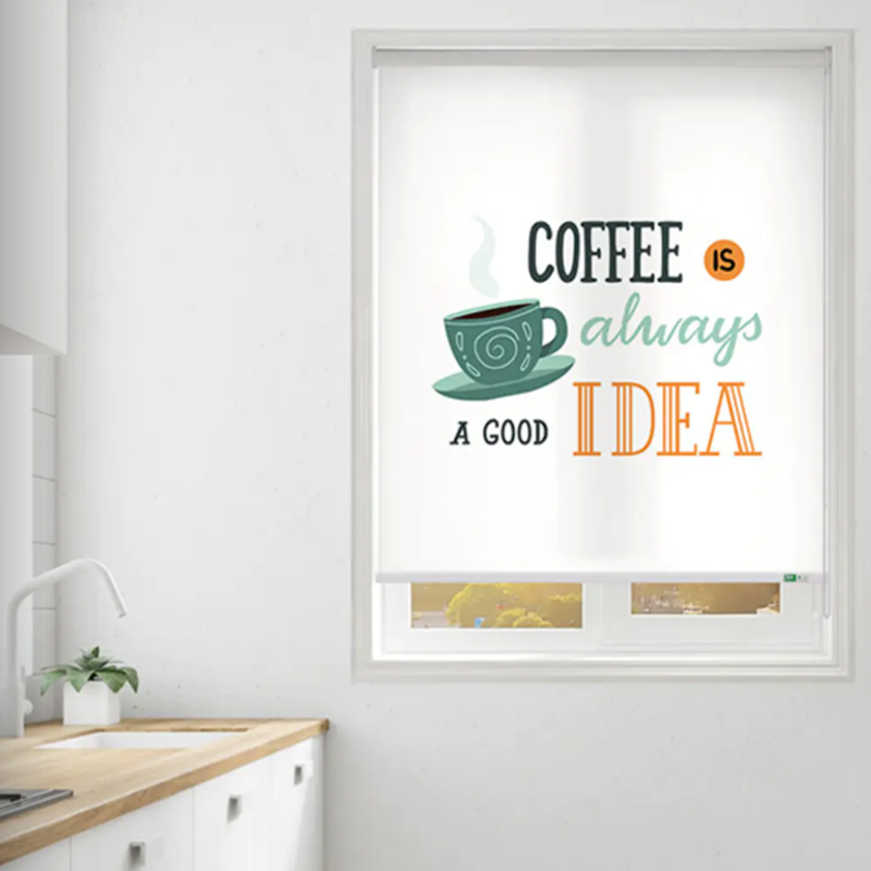 Custom Image Roller Blinds for Kitchen Windows with Unique Printed Design and Easy Cordless Operation