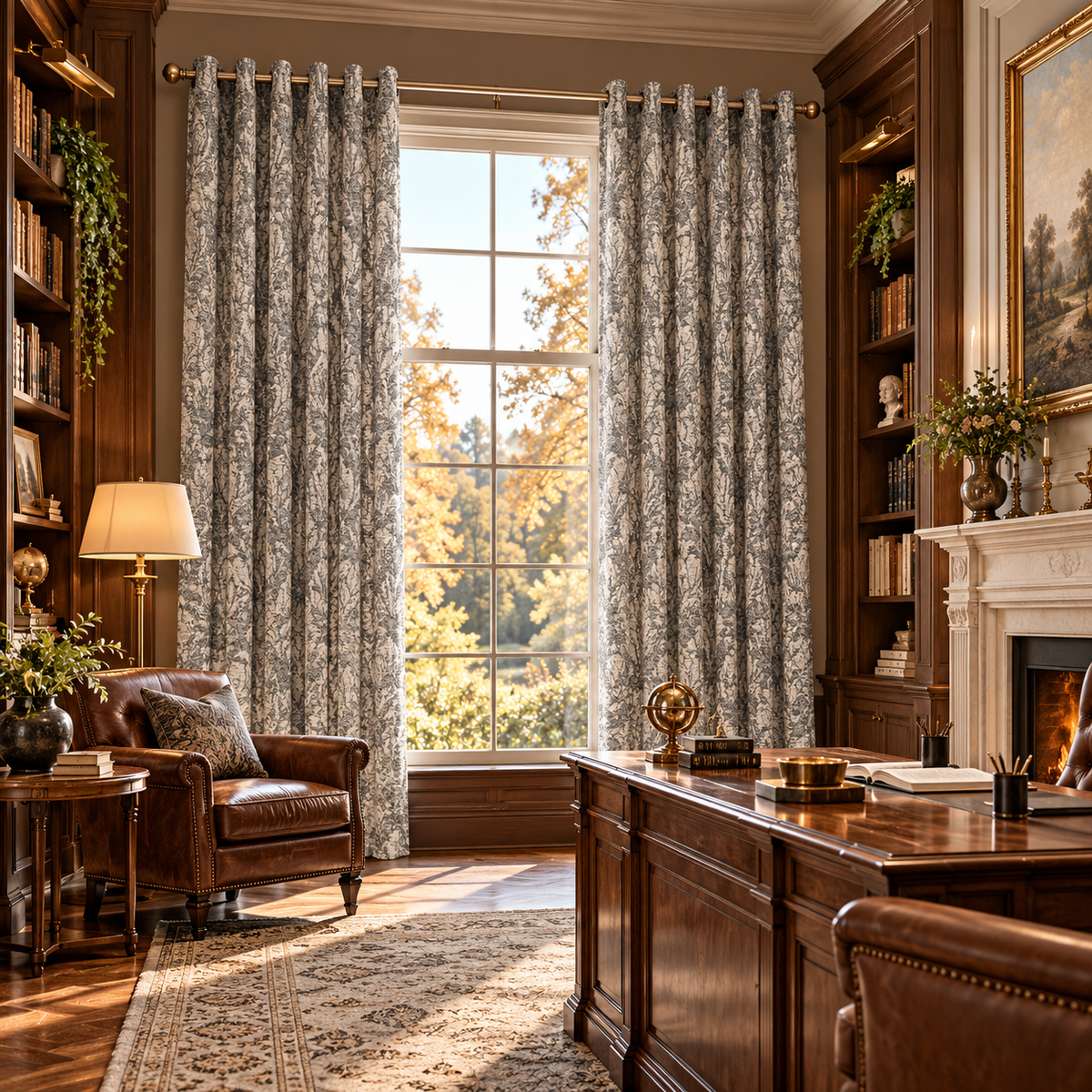 Custom Gray Botanical Wool-Blend Room Darkening Grommet Curtains – 2 Panels